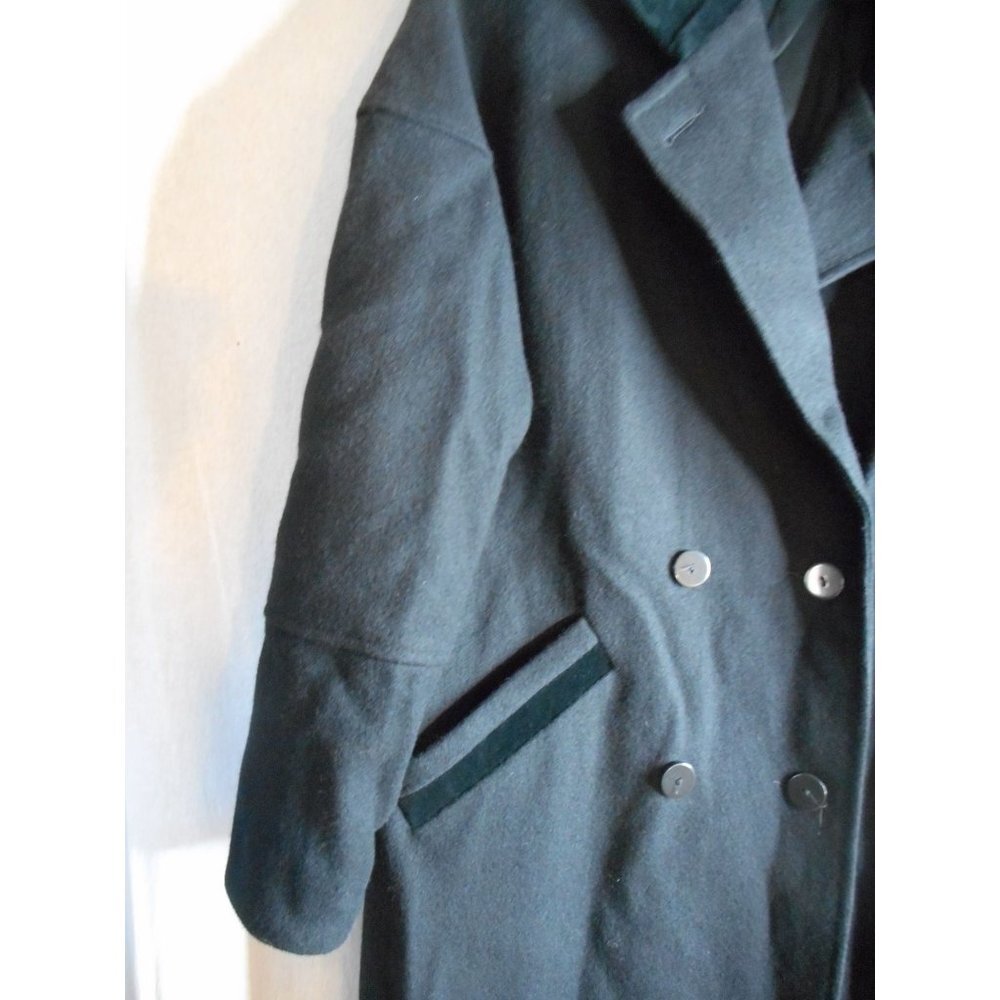 Vintage 1980s Womens Black Wool Long Coat Overcoat Lined Velvet accents - Picture 3 of 4